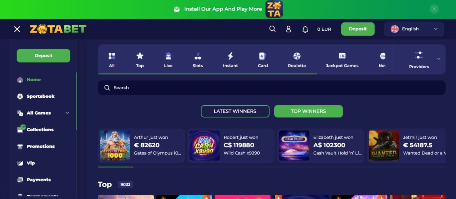 Zotabet Casino's homepage, showing a reel of latest and top winners, and a sidebar menu.