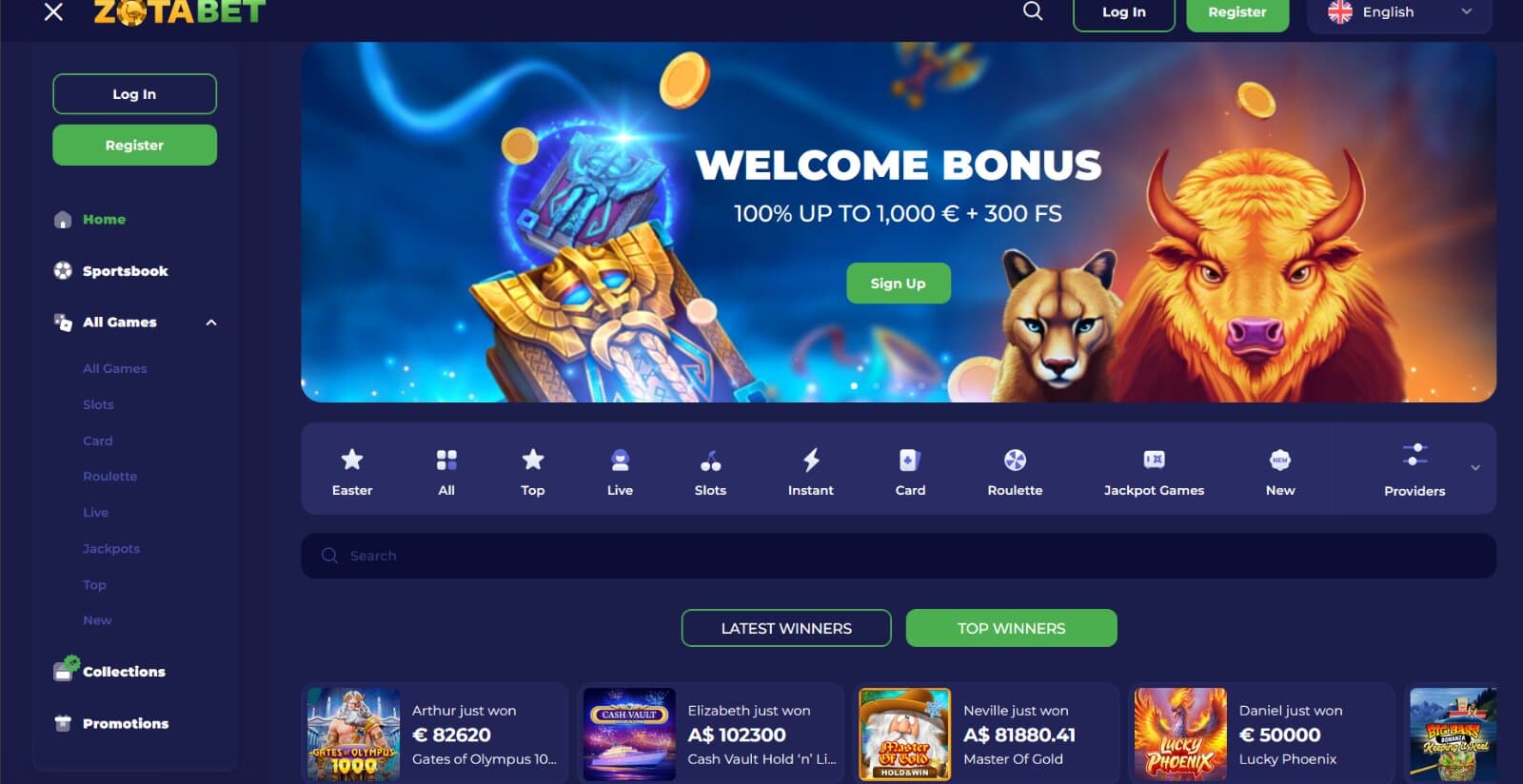 Zotabet Casino's landing page featuring the welcome bonus promo banner of 1,000 eur and 300 free spins above game categories and jackpot wins