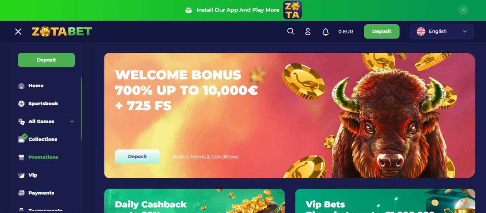 Zotabet Casino's promotions page, showing the welcome bonus worth up to €10,000 plus 725 free spins.