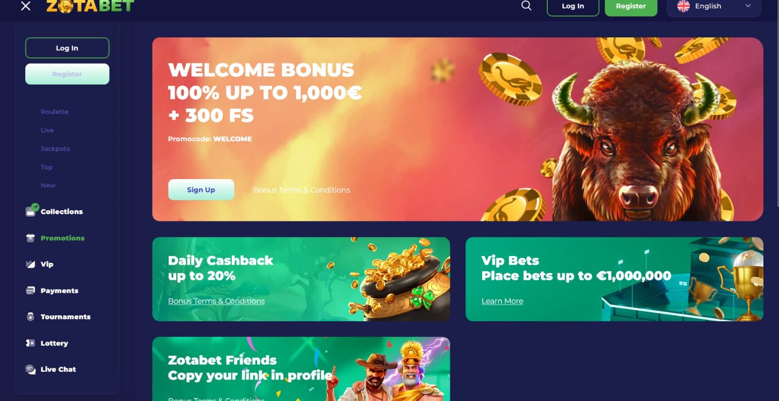 Zotabet Casino's promotions page listing the welcome bonus, daily cashback, VIP bets, and referral bonus alongside respective promo images
