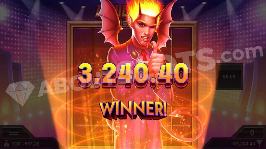 A devil in a suit stands in front of the reels, giving thumbs up. Across his breast is a text: 3,240.40, Winner!