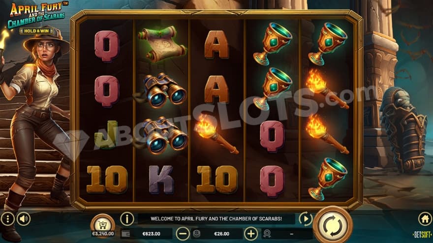 Base game where you can see April to the left of the reels.